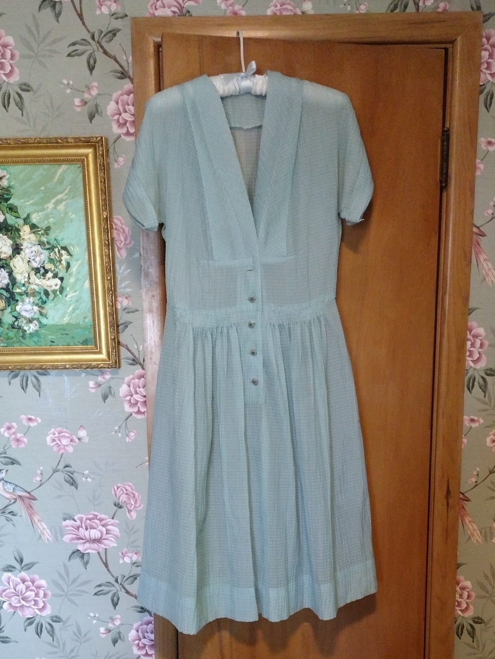 1950s Teal Sheer Seersucker Dress